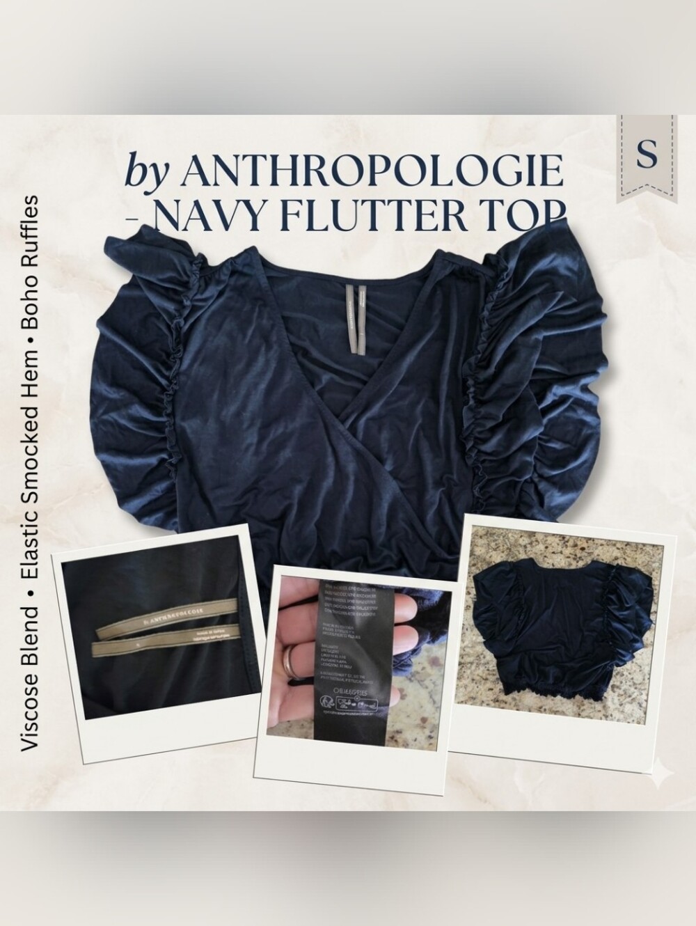 By Anthropologie Navy Ruffle Flutter Sleeve Top Banded Hem Boho Blouse Sz S